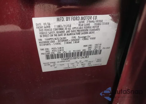 2007 Ford Five Hundred Limited z USA, uszkodzony, nr VIN 1FAHP25187G126383